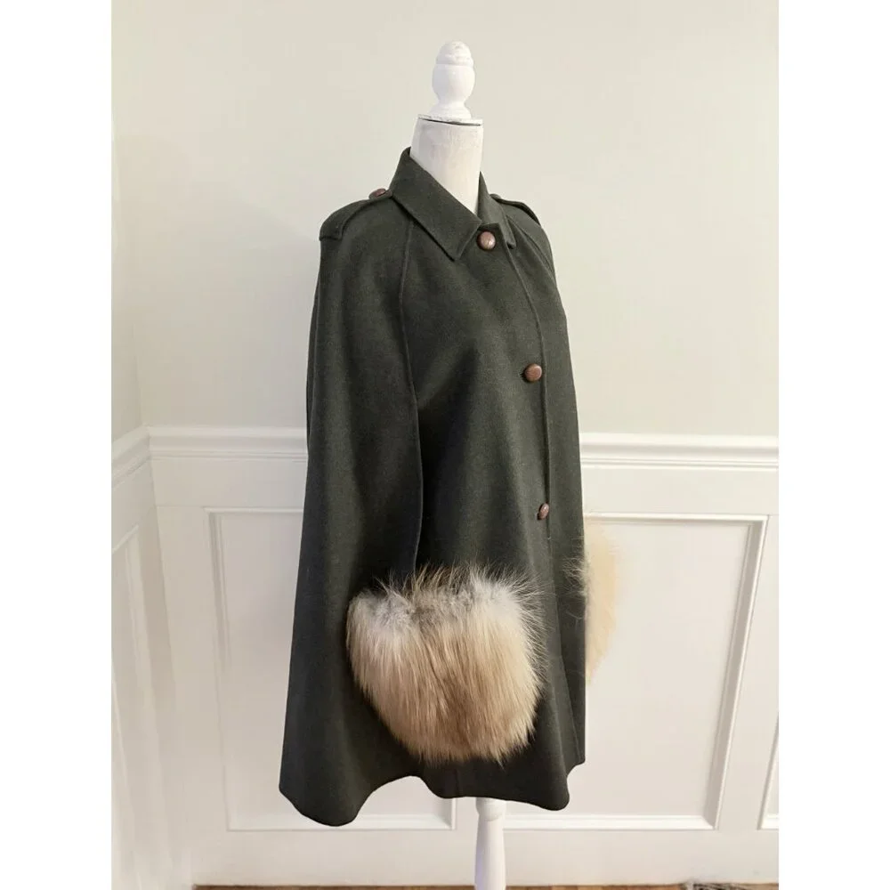 Max Mara Olive Green Wool Cape Coat with Fur Pockets Leather Buttons L - Picture 4 of 7